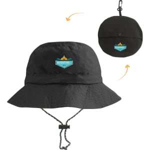 A black foldable bucket hat featuring a logo, designed with a wide brim and adjustable chin strap.