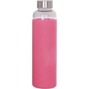 A pink 550ml glass drink bottle with a stainless steel lid, featuring a logo.
