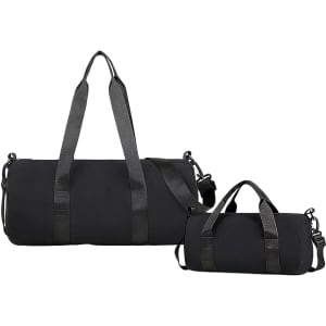 A black bucket duffle bag with wide straps, featuring a larger bag and a smaller bag beside it. Both have a logo.