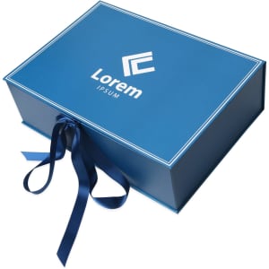 A blue custom gift box with a white logo and a decorative ribbon. The box features a sleek design.