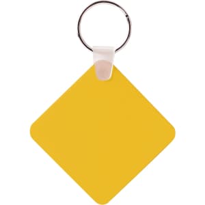 A yellow square keyring with a silver metal ring and a white attachment. It has a simple, flat design.