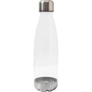 A drink bottle made of clear, translucent material with a stainless steel lid and base. It features a logo.