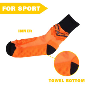 Crew Gripper football sock in bright orange with a black upper and towel bottom for enhanced comfort, featuring a logo.