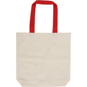 A cream canvas tote bag with red handles, featuring a logo on one side.