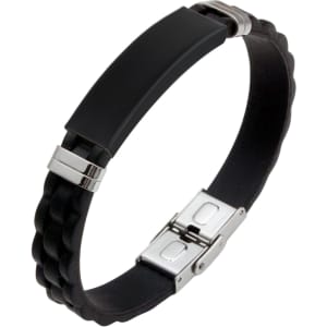 A black bracelet with a stainless steel buckle latch and a sleek design. It features a logo on the band.