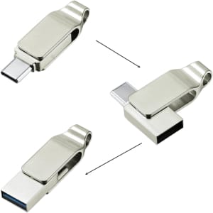 A silver dual-ended Type-C flash drive with a pivot design, featuring connectors on both sides and a branding logo.