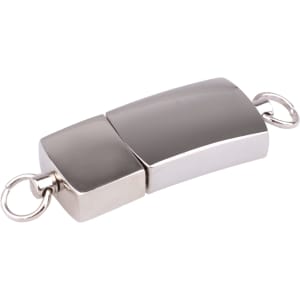 A shiny silver flash drive with a sleek, rectangular design and attached keyring loops.
