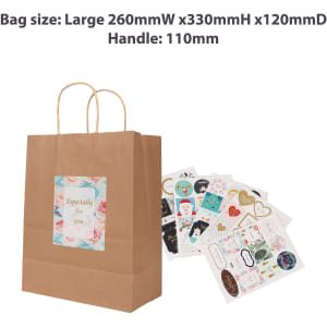A large kraft paper bag with twisted handles, featuring decorative stickers and a floral-labelled design.