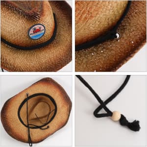 A straw cowboy hat with a textured finish, featuring a decorative logo and a black chin cord.