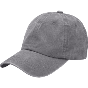 A vintage washed baseball cap in a grey colour with a rounded crown and a curved brim, featuring a logo.