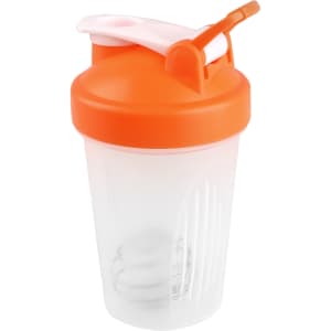 A drink bottle with an orange lid and spout, featuring a clear body and a mixing ball inside. It has a logo.