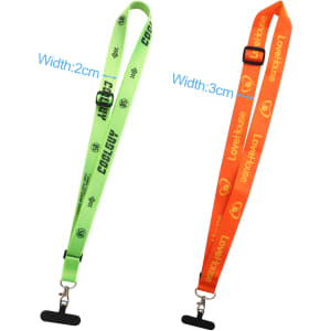 Two adjustable woven phone lanyards are displayed: one in bright green and the other in vibrant orange, both with logos.