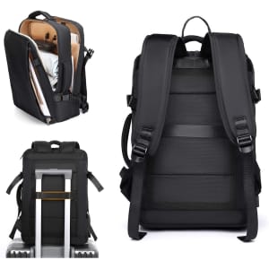 A black travel backpack with multiple compartments, padded straps, and a logo. Features a sleek design for easy transport.