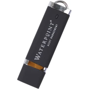 A black flash drive with silver accents, featuring a round keyring loop and a logo on its surface.