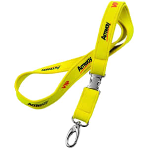 A bright yellow neoprene lanyard with a clip and a logo.