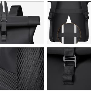 A roll top laptop backpack in black, featuring adjustable straps, a mesh panel, and fasteners. It has a minimalist design.