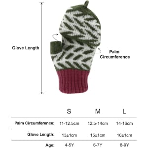 Fingerless gloves with flip cover featuring a green, white, and maroon jacquard pattern. Includes size and measurement details.