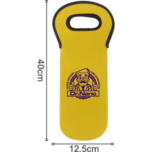 A drink bottle cooler in bright yellow with a handle and a logo. Fits a single bottle.