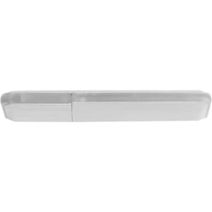 A silver flash drive with a sleek design, featuring a logo on its surface.