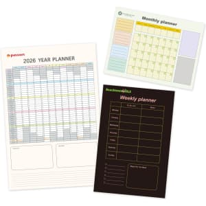 Three planners displayed: a yearly planner in pastel colours, a monthly planner in light green, and a black weekly planner. All feature a logo.