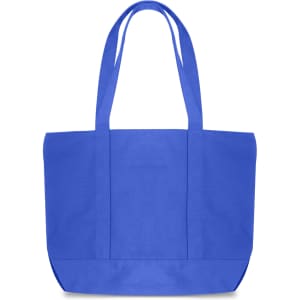 A blue canvas zippered tote shoulder bag with two long handles and a spacious interior.