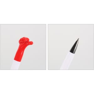 A white pen with a red hand-shaped top and a silver pen tip. It features a logo on the body.