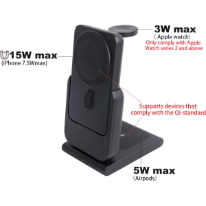 A black 3-in-1 power bank charging station, designed for iPhones, AirPods, and Apple Watches, featuring a sleek design and logo.