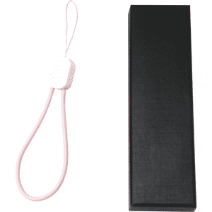 A pink charging phone strap with a white connector, alongside a black rectangular box.