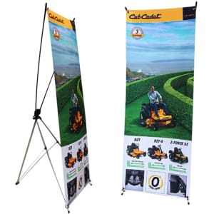 A Small X-Frame Banner in yellow and white, featuring a logo and images of lawn mowers, displayed on a stand.