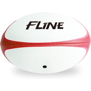A rugby ball in white with red accents, featuring a logo on the surface.