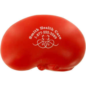 A red kidney-shaped stress reliever with a logo and text on the surface, featuring a smooth finish.
