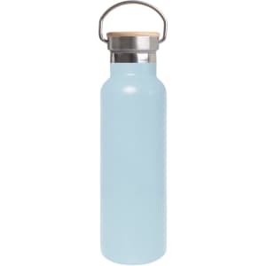 A drink bottle in light blue with a stainless steel base and a bamboo lid. It features a metal handle.