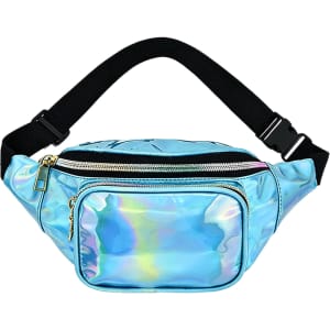 A holographic fanny pack in blue with a shiny finish and a black adjustable strap. It features multiple zippered compartments.