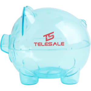 A light blue piggy coin bank with a circular body, round feet, and a small tail. It features a logo.