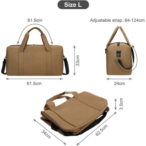 A durable duffle bag in a tan colour, featuring adjustable straps and a logo, displayed from multiple angles.