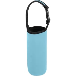 A drink bottle carrier pouch in a light blue colour with a black handle. Features a logo on the surface.