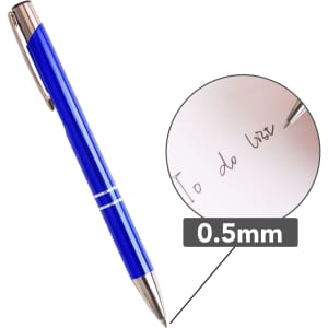 A blue aluminum click pen with a silver clip and accents, featuring a 0.5mm tip for writing.