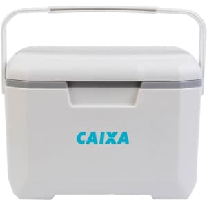 A 6L white cooler box with a handle and a logo on the front.