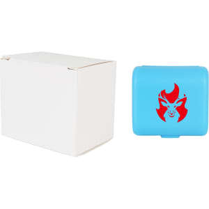 A blue travel adapter kit with a red logo, next to a plain white box.