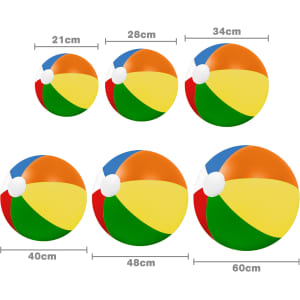 An assortment of inflatable beach balls in various sizes, featuring vibrant colours like yellow, green, blue, and orange.