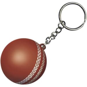 A cricket ball-shaped stress reliever keyring with a silver chain, featuring a brown colour. It includes a logo.