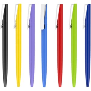 A collection of plastic pens featuring black, yellow, purple, blue, red, and green barrels, each with a silver clip.