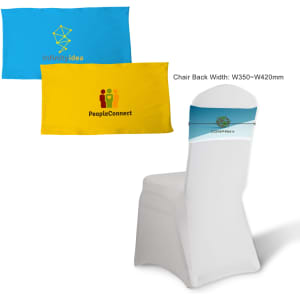 A white chair with three vibrant chair bands: one blue, one yellow, and one with a logo, showcasing their designs.