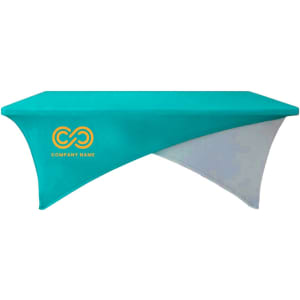 A teal and white stretch tablecloth designed for a 4ft table, featuring a logo.
