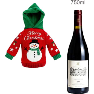 A drink bottle covered with a festive red and green knitted design featuring a snowman and Christmas motifs.