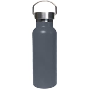 A drink bottle in grey with a stainless steel lid and a carry handle, featuring a logo.