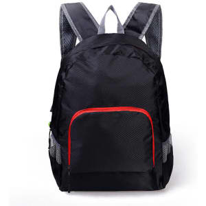 A black backpack with grey straps and a red front pocket, featuring mesh detailing and a logo.