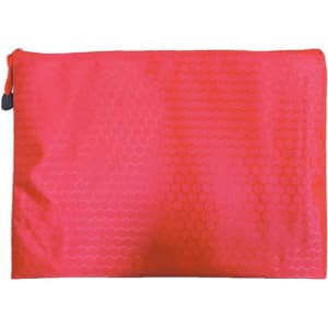 A vibrant orange Zip Bag with a textured surface, featuring a zip closure and a branding logo.