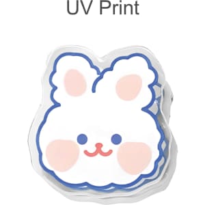 Acrylic clip featuring a cute white bunny design with pink accents and a blue outline. Includes a logo.