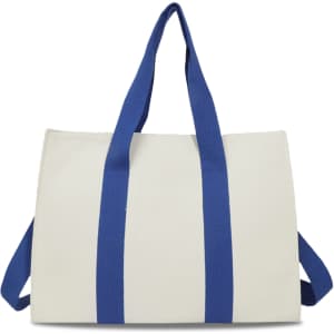 A light beige canvas grocery shopping bag with blue handles, featuring a simple design and a logo.